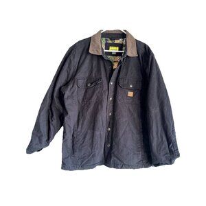 BRAZOS Work Force Men's Black Chore Coat Sz L Corduroy Collar Camo Lining